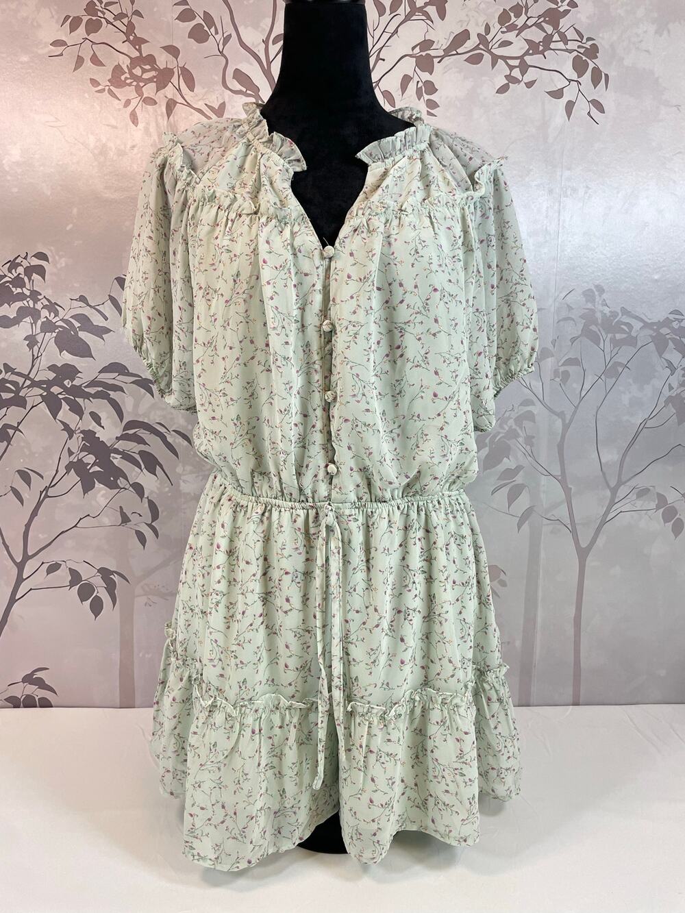 Almost Pink Floral Romper Dress Mint Green Ruffled Mini L Cottagecore